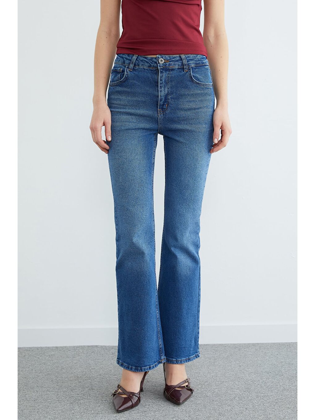 Mavi Yüksek Bel Fermuarlı Flare Jean-1