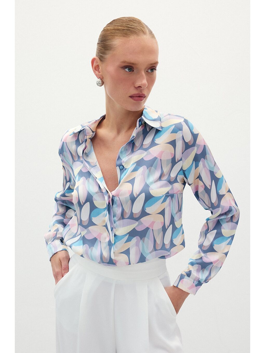 Desenli Uzun Gömlek - Mavi-2