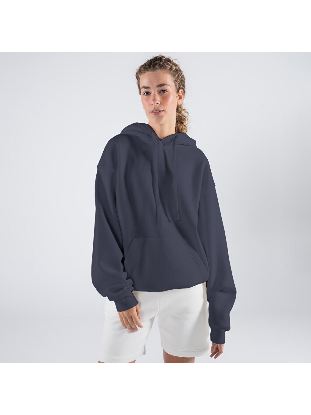 Agar Kadın Koyu Mavi Kanguru Cepli Kapüşonlu Oversize Hoodie Sweatshirt
