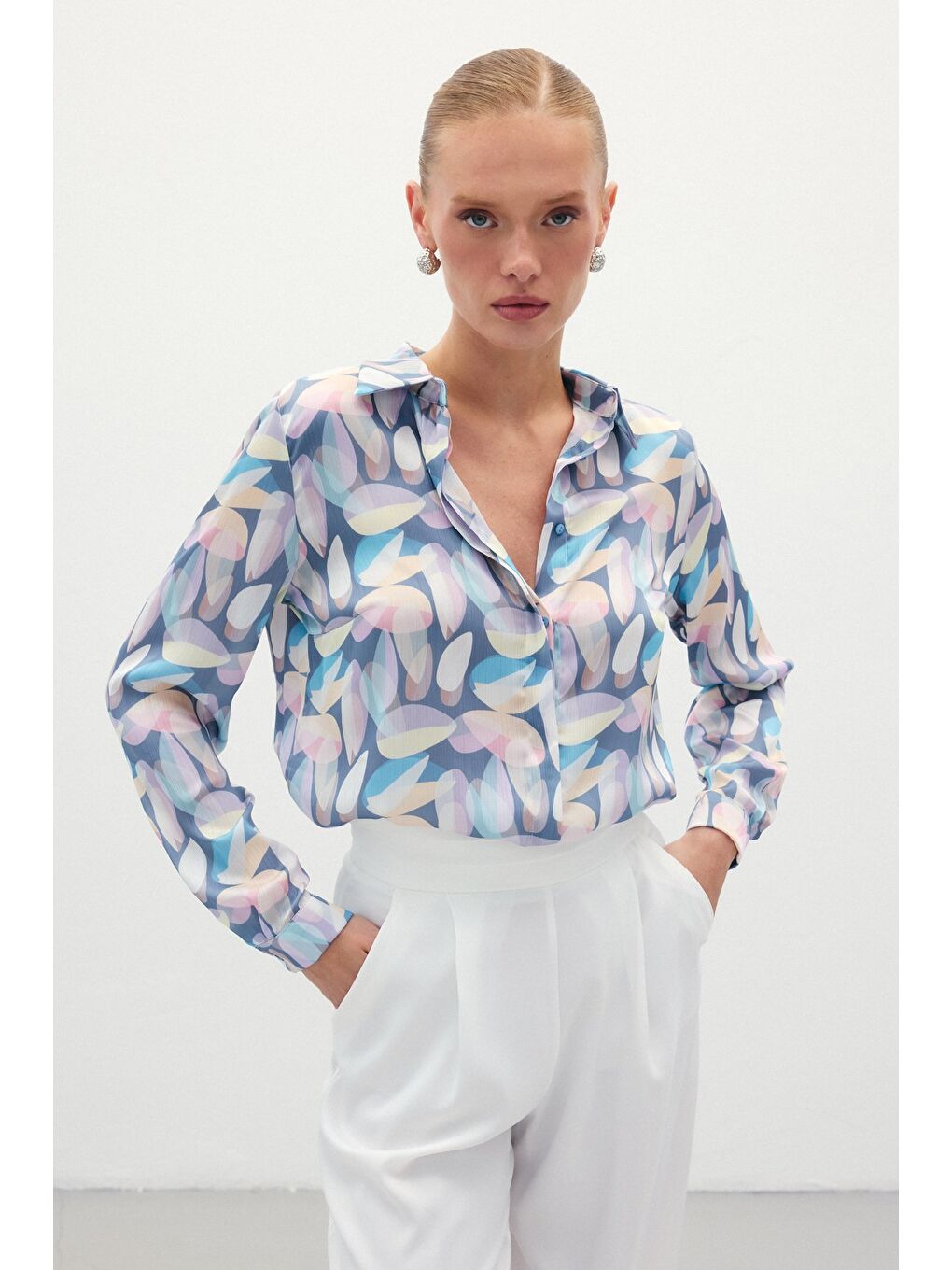 Desenli Uzun Gömlek - Mavi-3