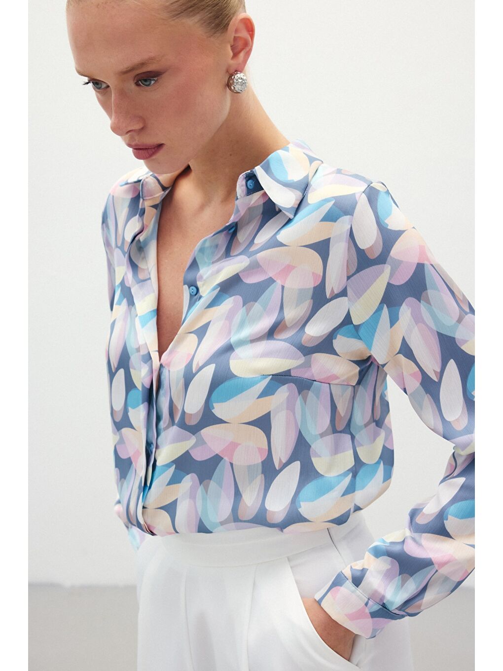 Desenli Uzun Gömlek - Mavi-4