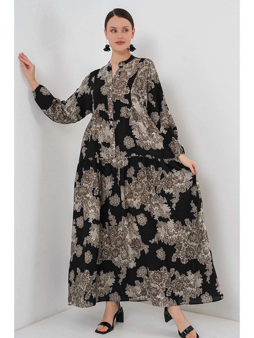 2423 Otantik Desenli Tesettür Elbise - Siyah 7-2