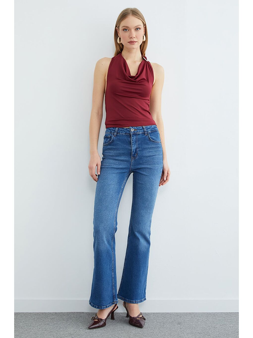 Mavi Yüksek Bel Fermuarlı Flare Jean-4