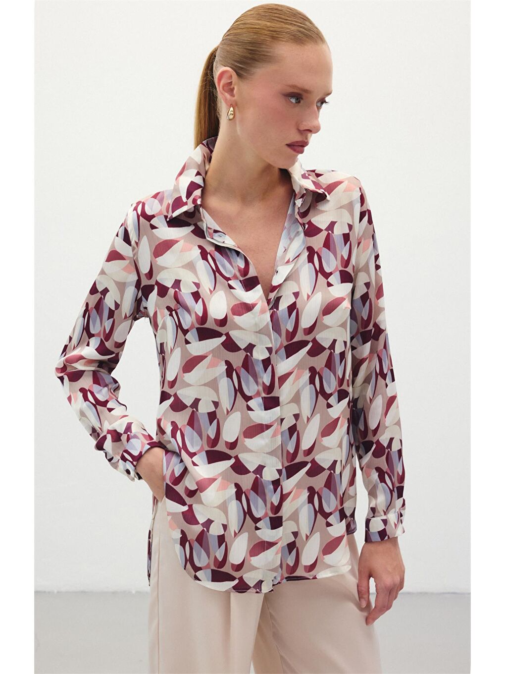 Desenli Uzun Gömlek - Bordo