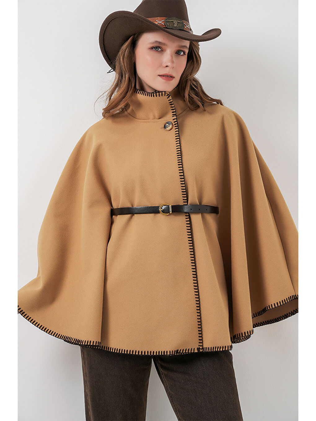 Sarı Kadın Dikiş Detaylı Kaşe Panço 9166 - Hardal-2