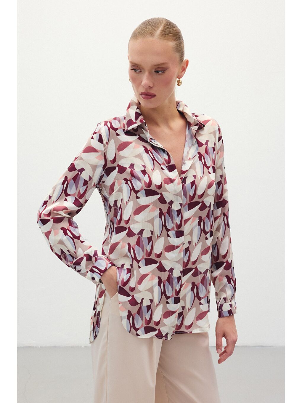 Desenli Uzun Gömlek - Bordo-1