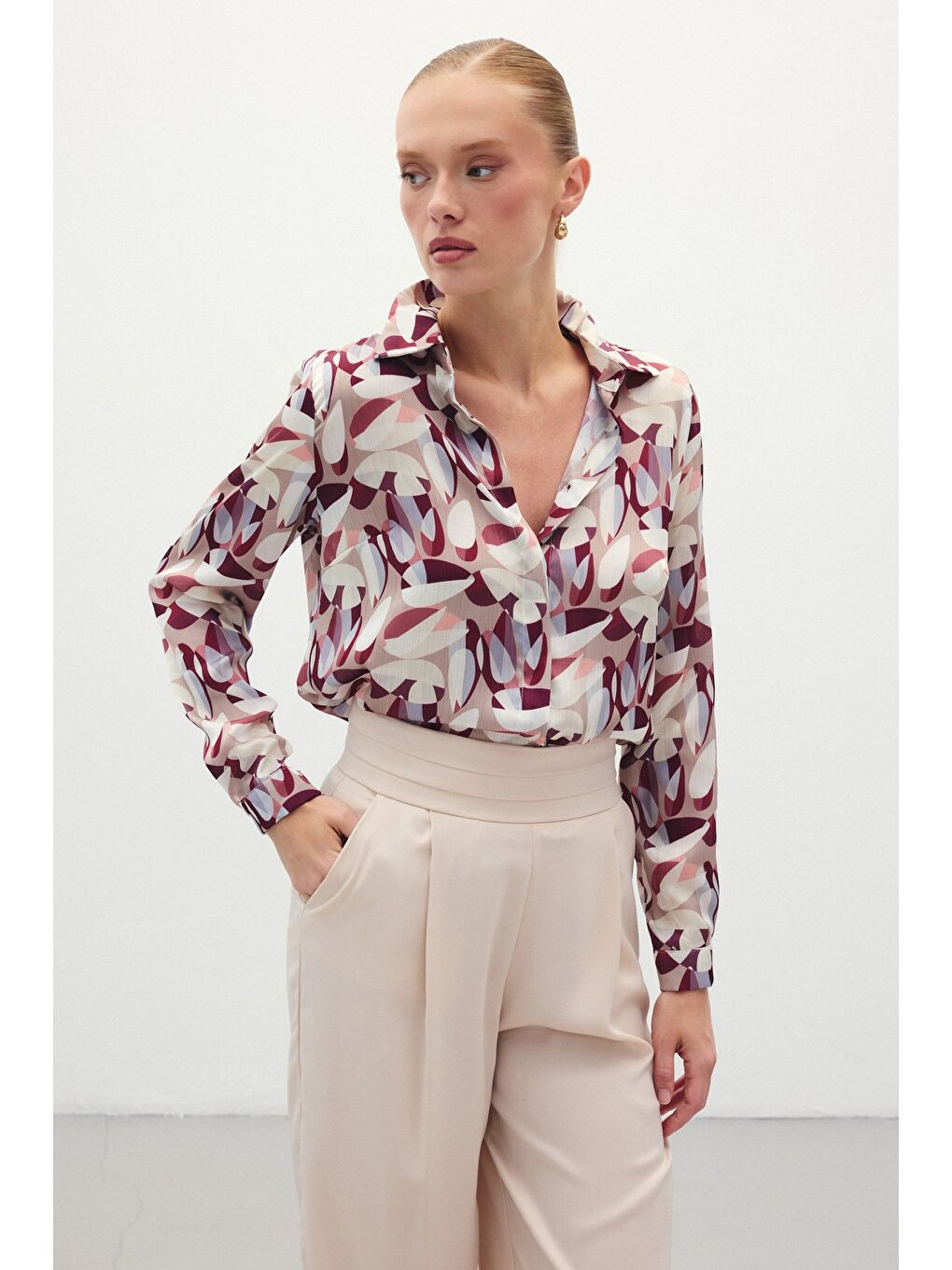 Desenli Uzun Gömlek - Bordo-2