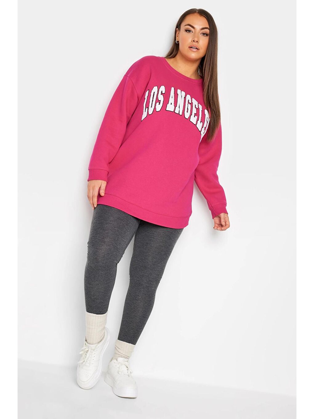 Stil Diva Pembe Büyük Beden Bisiklet Yaka Uzun Kollu Baskılı Sweatshirt - 1