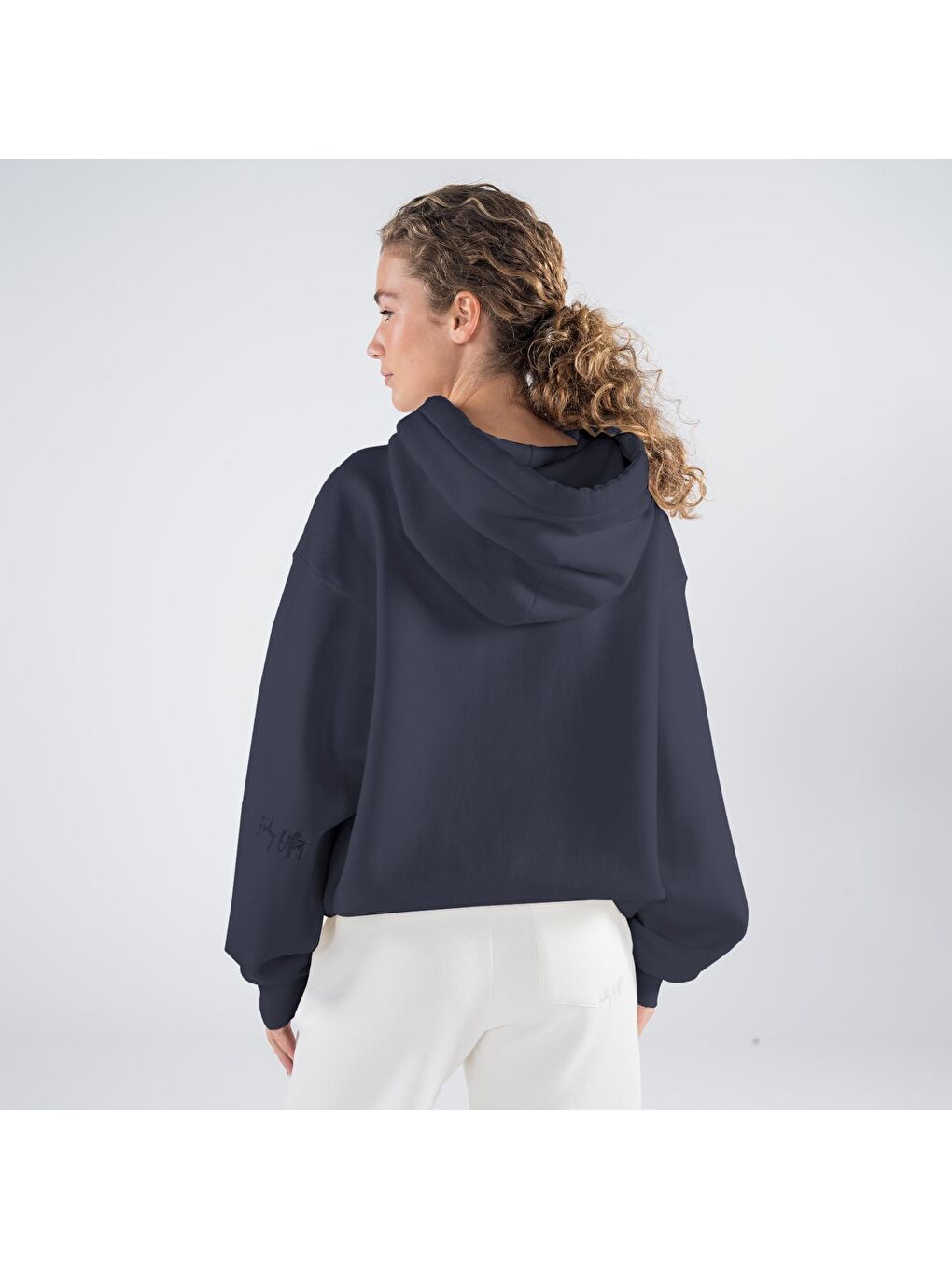 Agar Kadın Koyu Mavi Kanguru Cepli Kapüşonlu Oversize Hoodie Sweatshirt-1