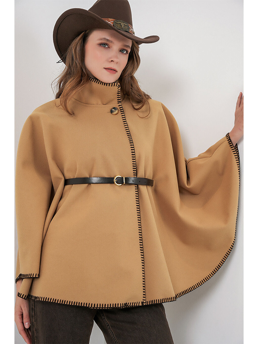 Sarı Kadın Dikiş Detaylı Kaşe Panço 9166 - Hardal-3