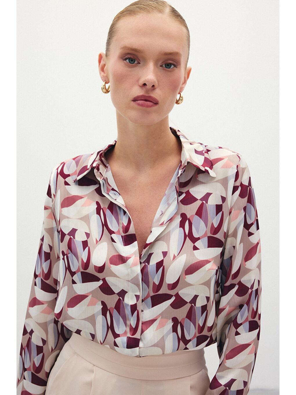 Desenli Uzun Gömlek - Bordo-5