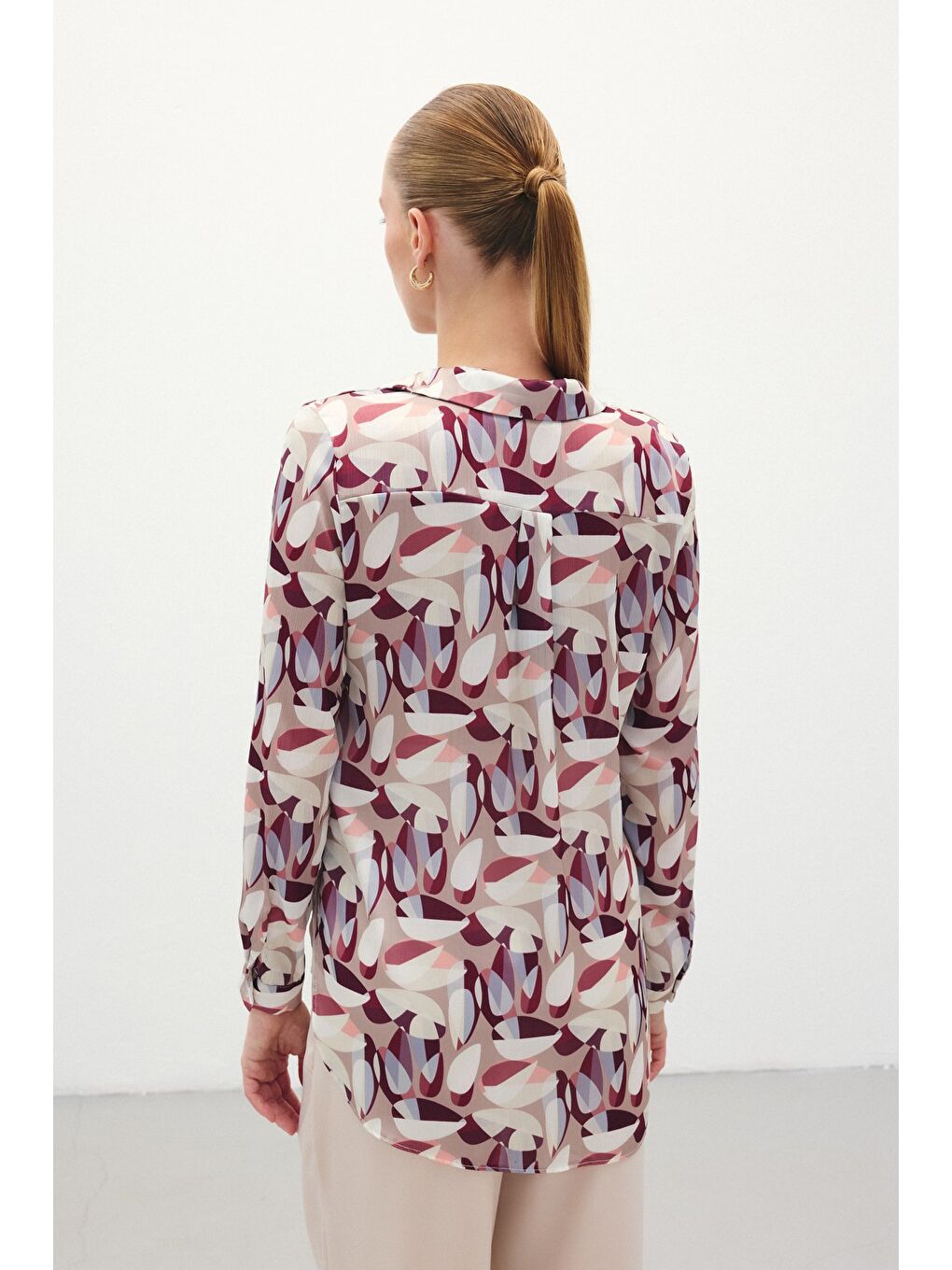 Desenli Uzun Gömlek - Bordo-7