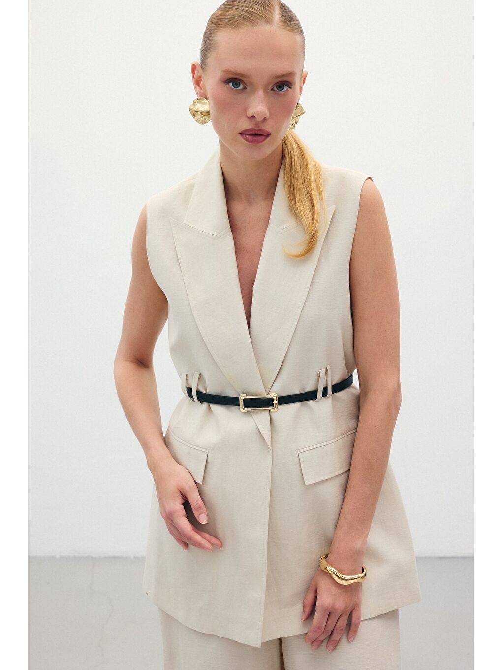 Bej Kemerli Keten Yelek - Taş-1