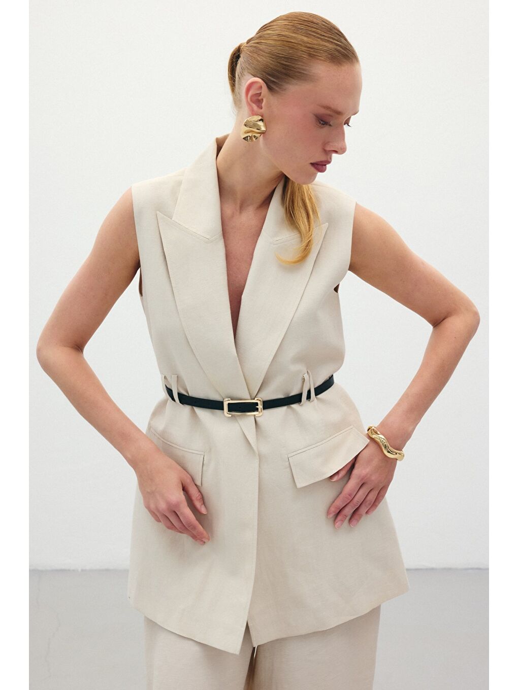 Bej Kemerli Keten Yelek - Taş-2