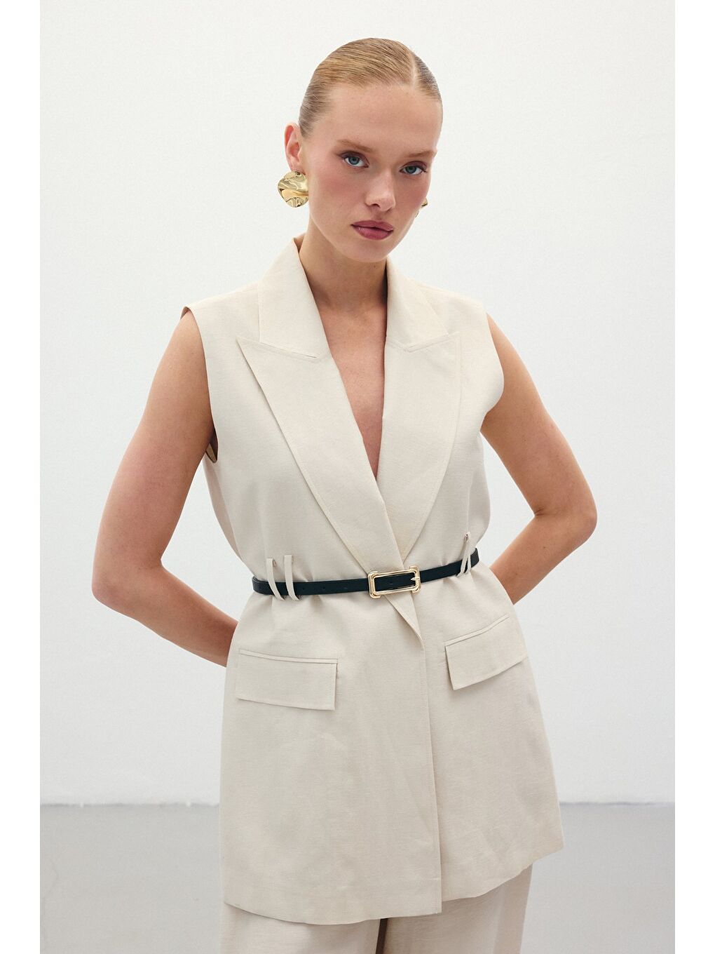 Bej Kemerli Keten Yelek - Taş-3