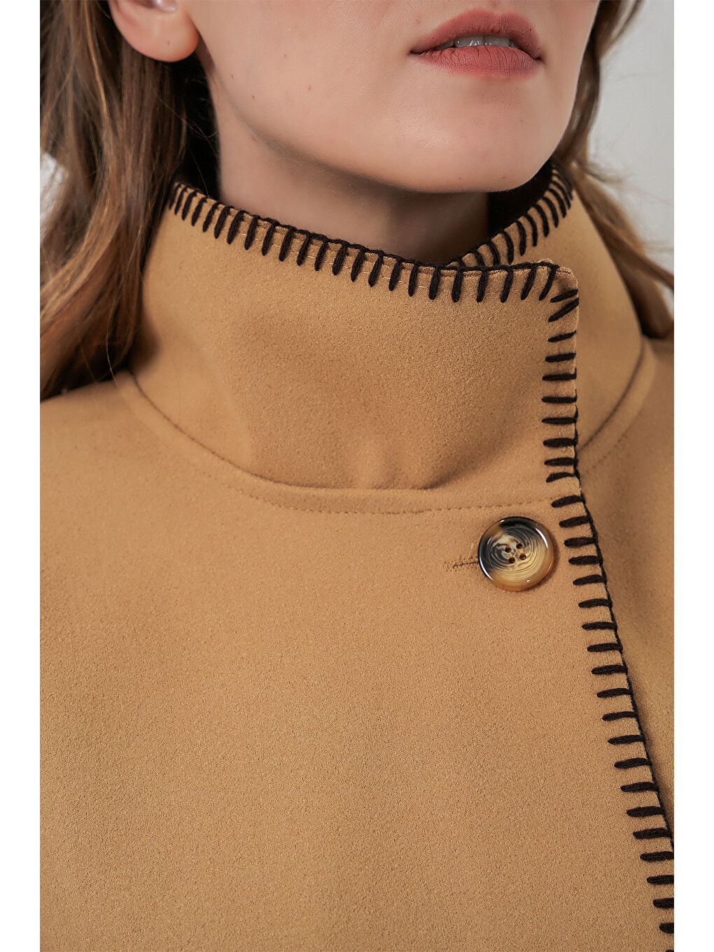 Sarı Kadın Dikiş Detaylı Kaşe Panço 9166 - Hardal-4