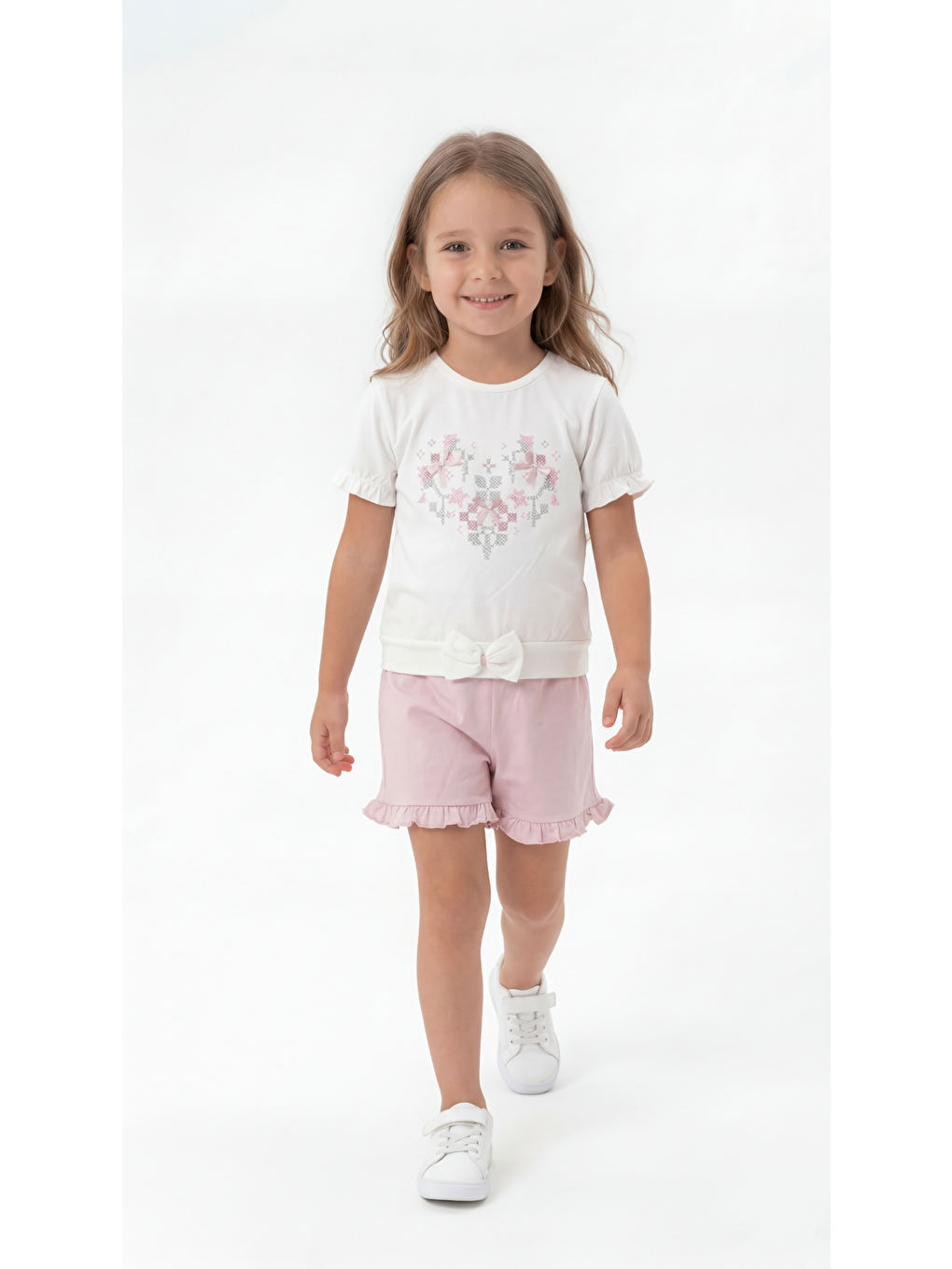 Pembe Nakış Fiyonklu Penye Kız Çocuk Tişört-Şort Takım-1