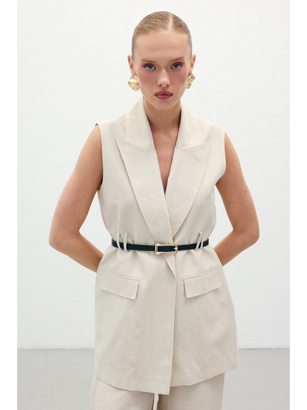 Bej Kemerli Keten Yelek - Taş-4