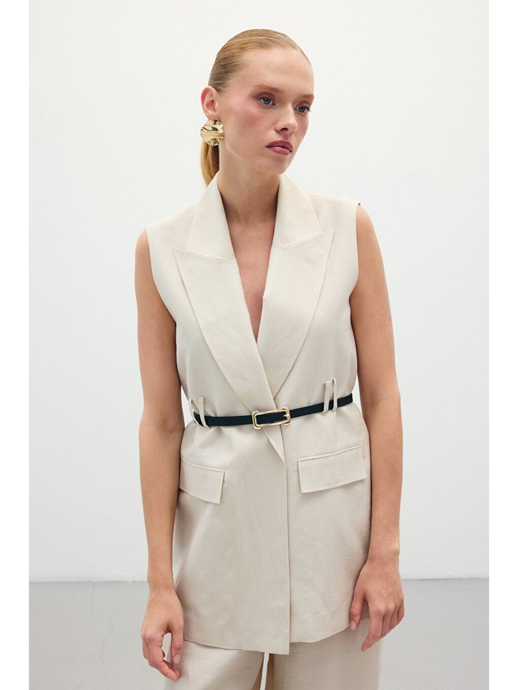 Bej Kemerli Keten Yelek - Taş-5