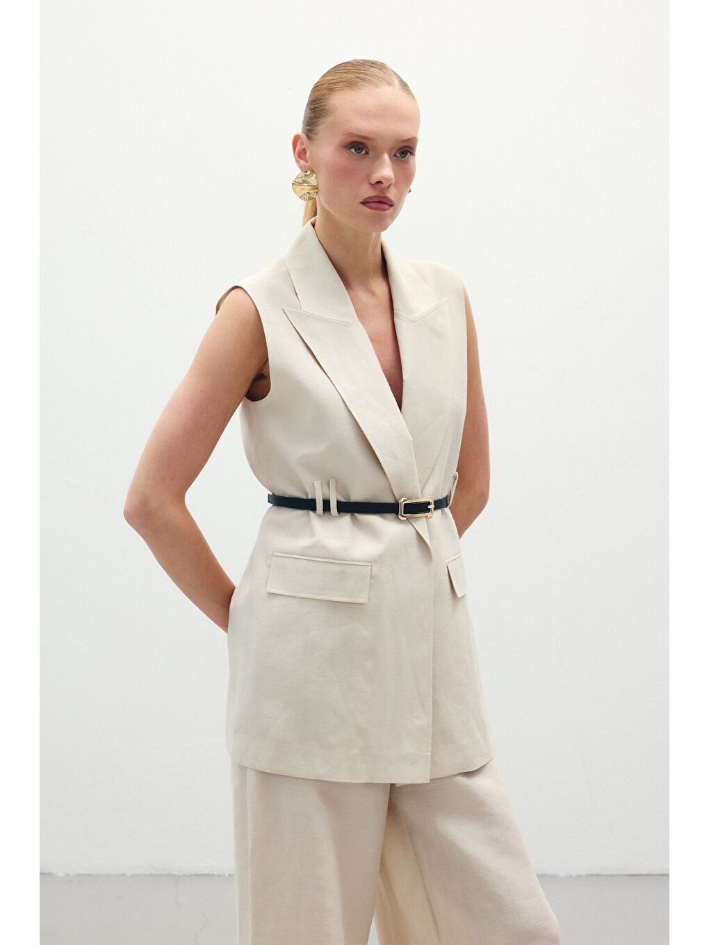 Bej Kemerli Keten Yelek - Taş-6