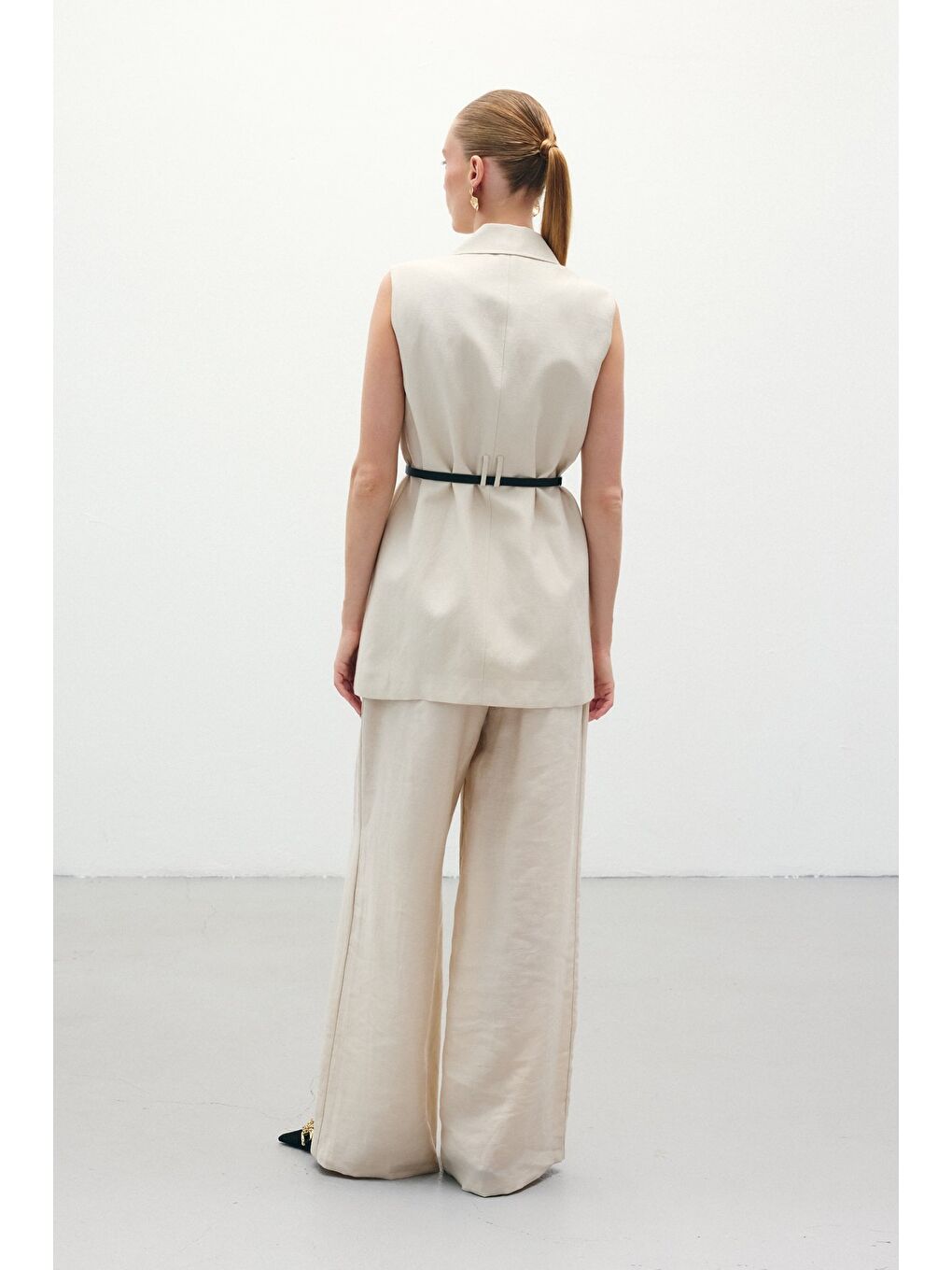 Bej Kemerli Keten Yelek - Taş-7