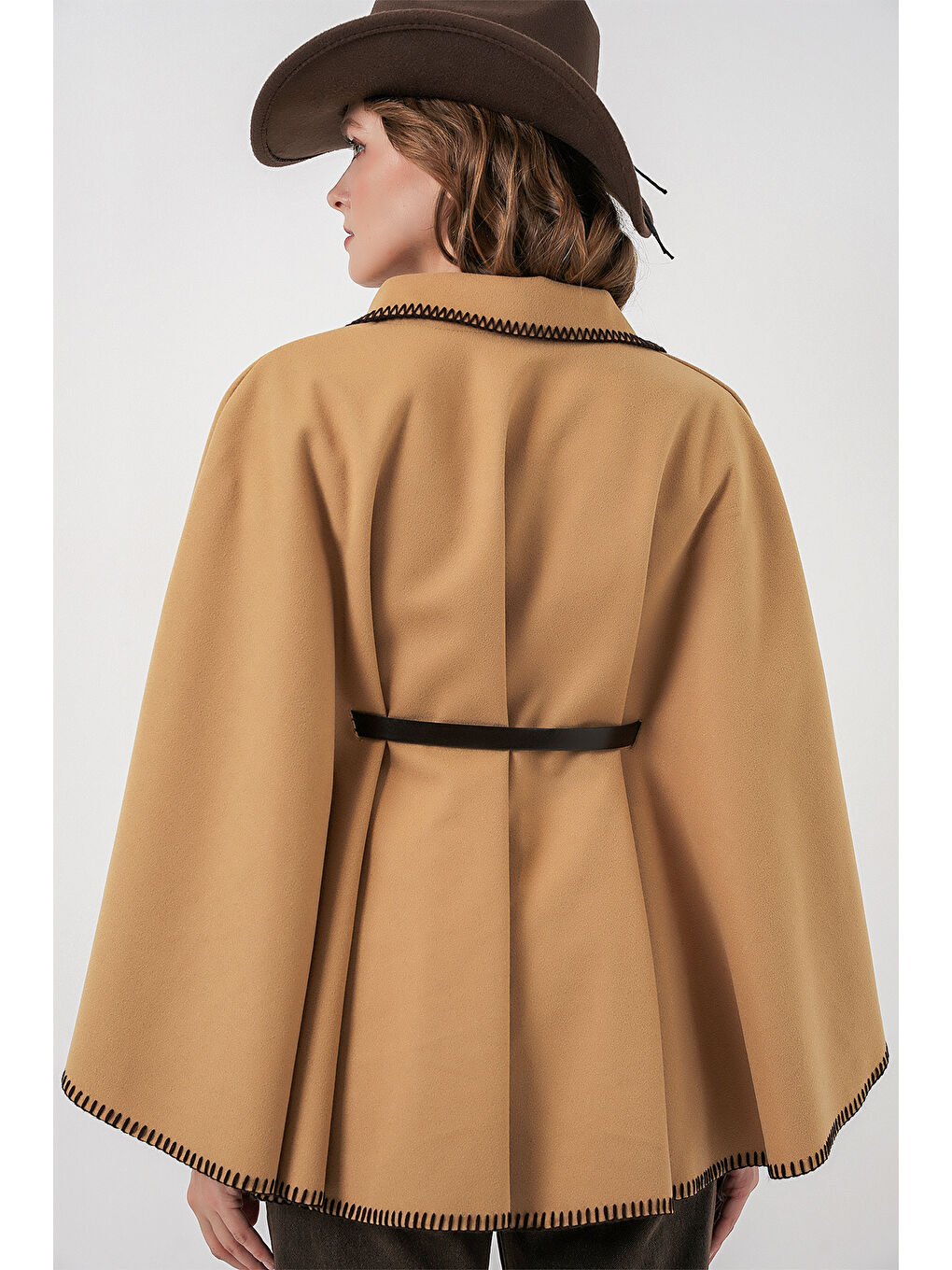 Sarı Kadın Dikiş Detaylı Kaşe Panço 9166 - Hardal-5