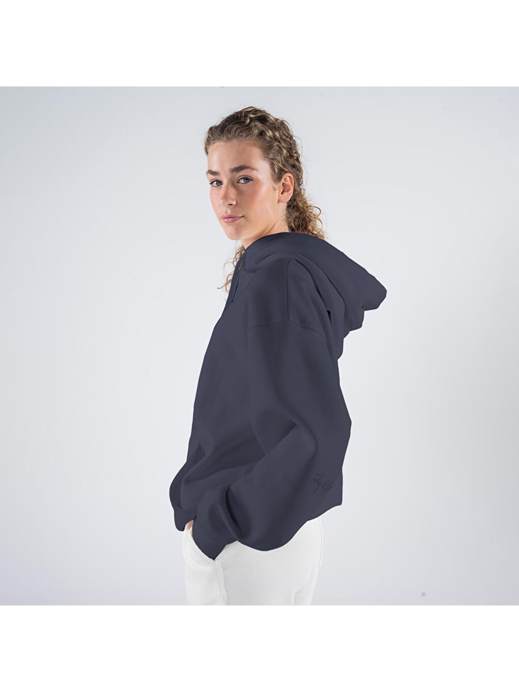 Agar Kadın Koyu Mavi Kanguru Cepli Kapüşonlu Oversize Hoodie Sweatshirt-2