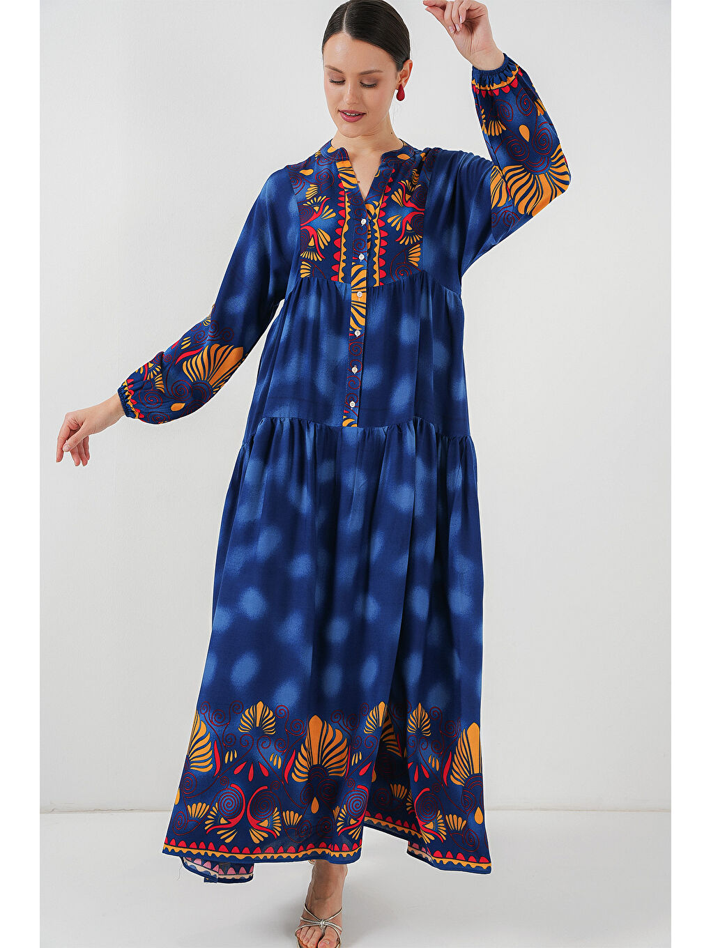 2423 Otantik Desenli Tesettür Elbise - Lacivert 5-1