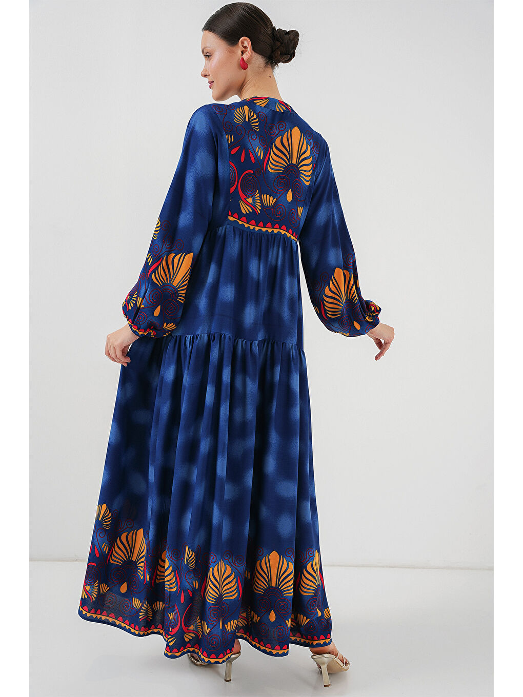 2423 Otantik Desenli Tesettür Elbise - Lacivert 5-4