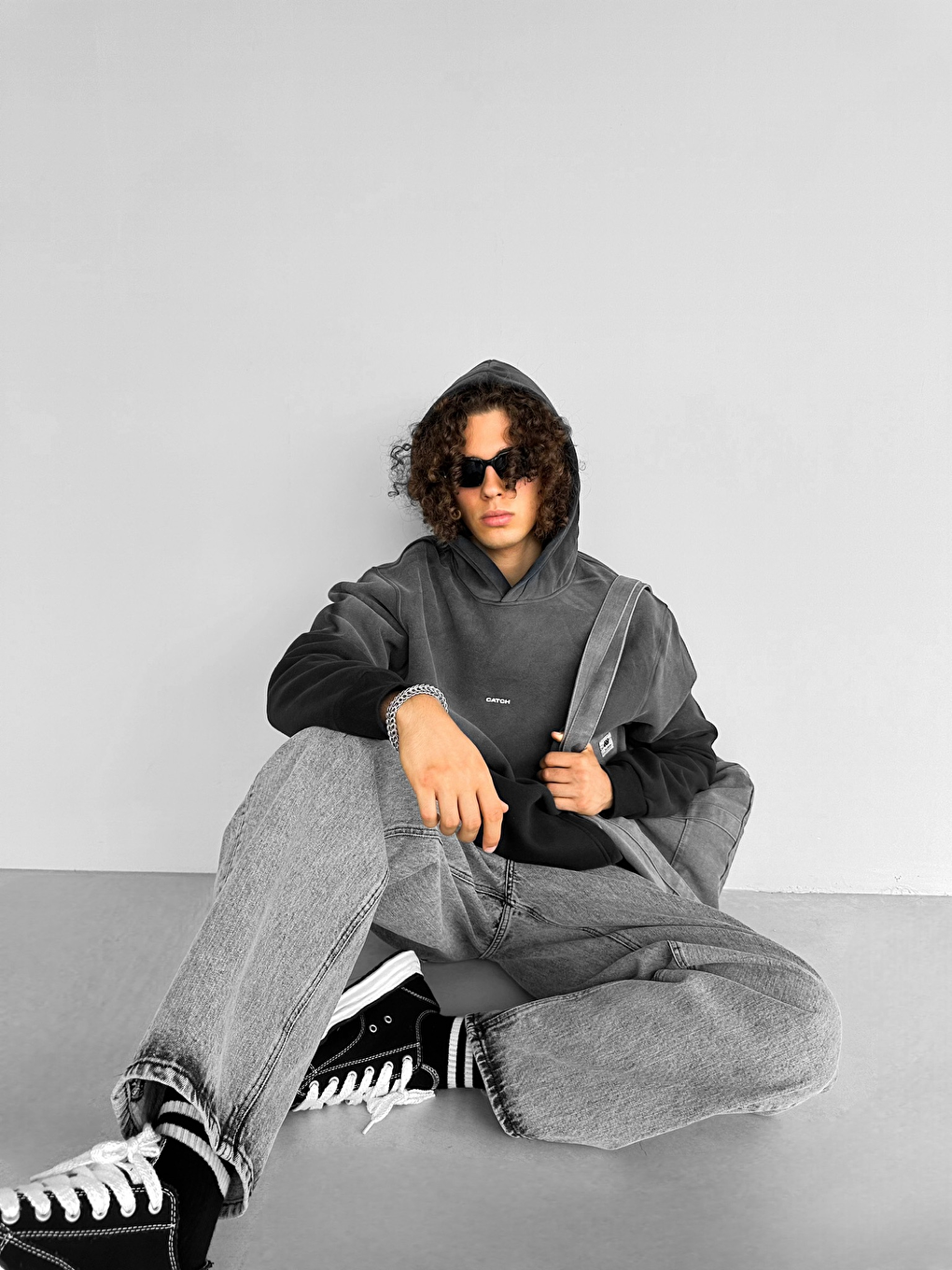 Oversize Baskılı Kapüşonlu Erkek Hoodie Siyah-1