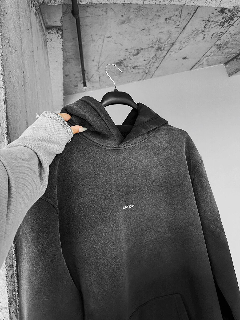 Oversize Baskılı Kapüşonlu Erkek Hoodie Siyah-2