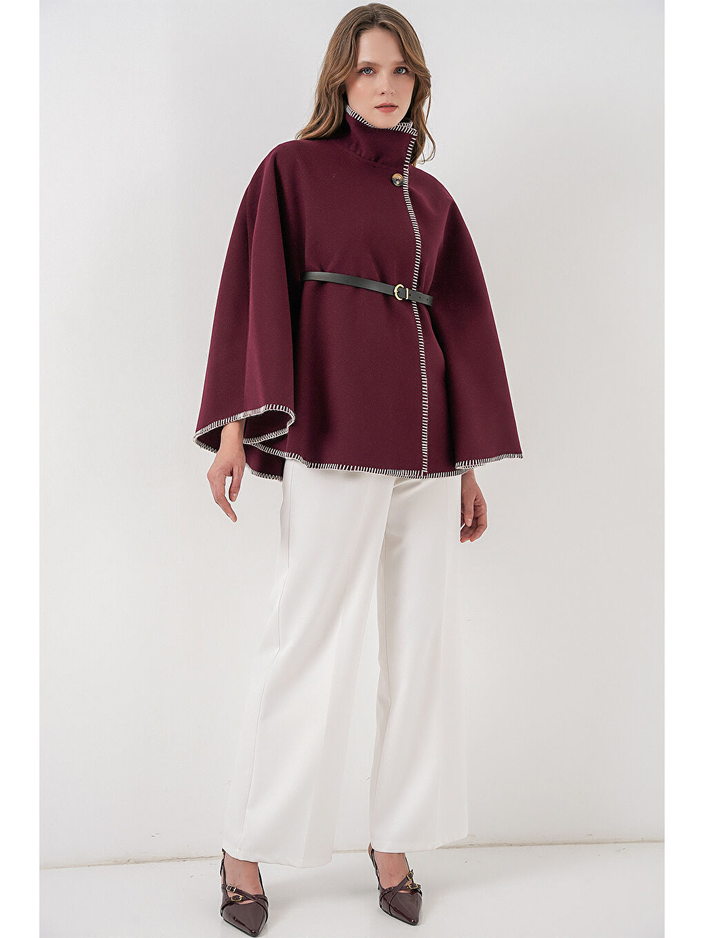 Kadın Dikiş Detaylı Kaşe Panço 9166 - Bordo-1