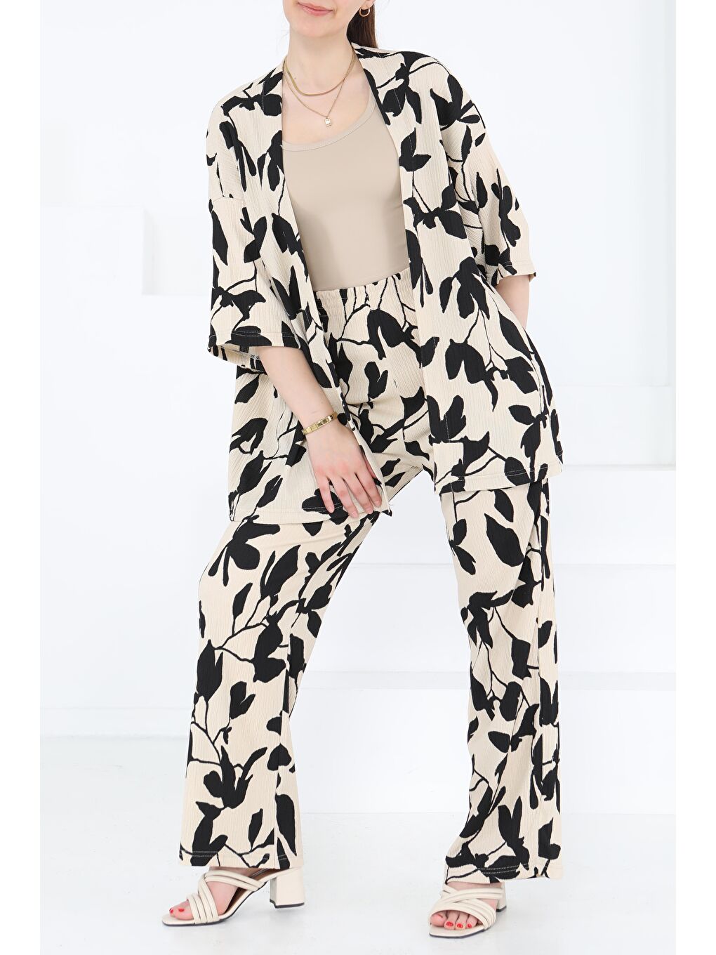 Desenli Kimono Takım Siyah - 27285