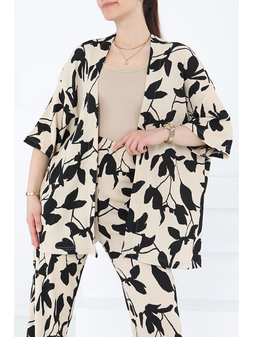 Desenli Kimono Takım Siyah - 27285-1