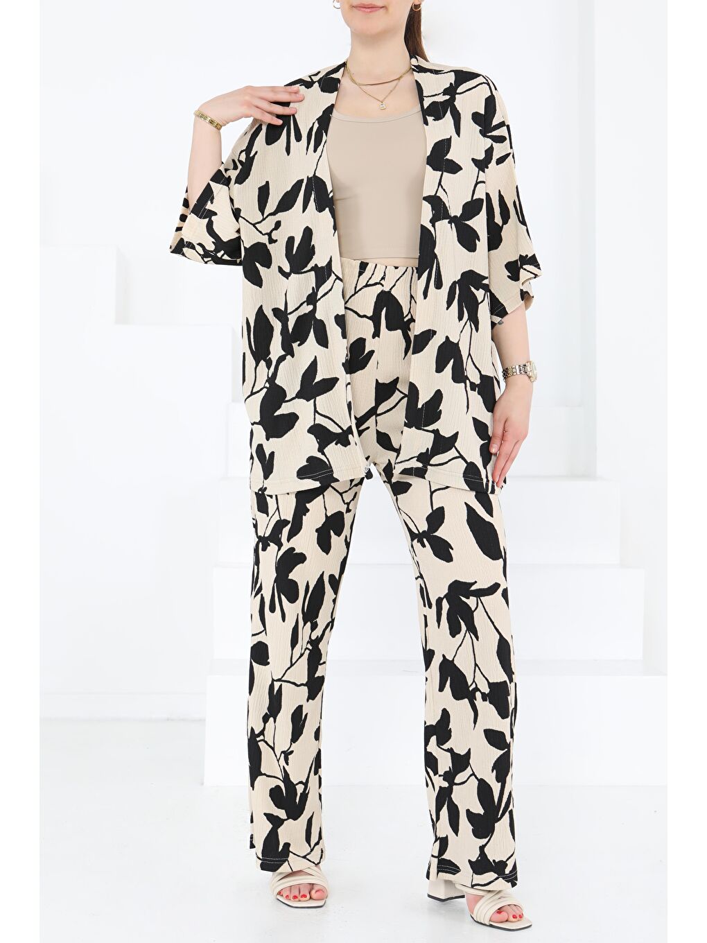 Desenli Kimono Takım Siyah - 27285-2