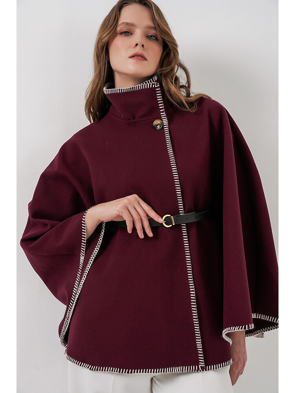 Kadın Dikiş Detaylı Kaşe Panço 9166 - Bordo-2