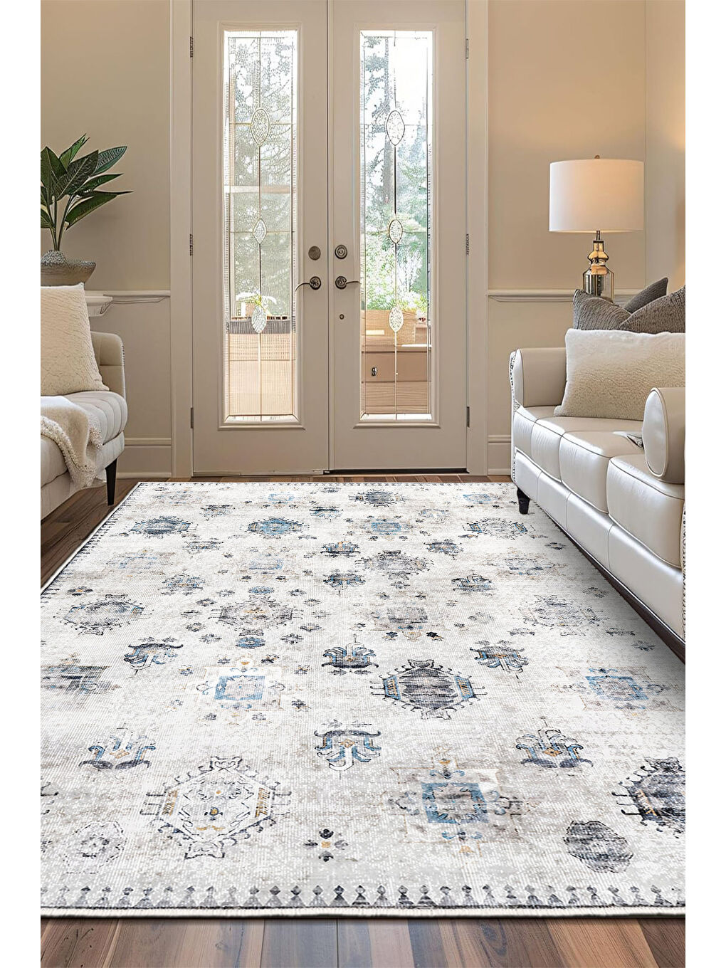 Beyaz Dekoratif Özel Tasarım Yıkanabilir İnce Kaymaz Tabanlı Modern Halı KECE FR36-2