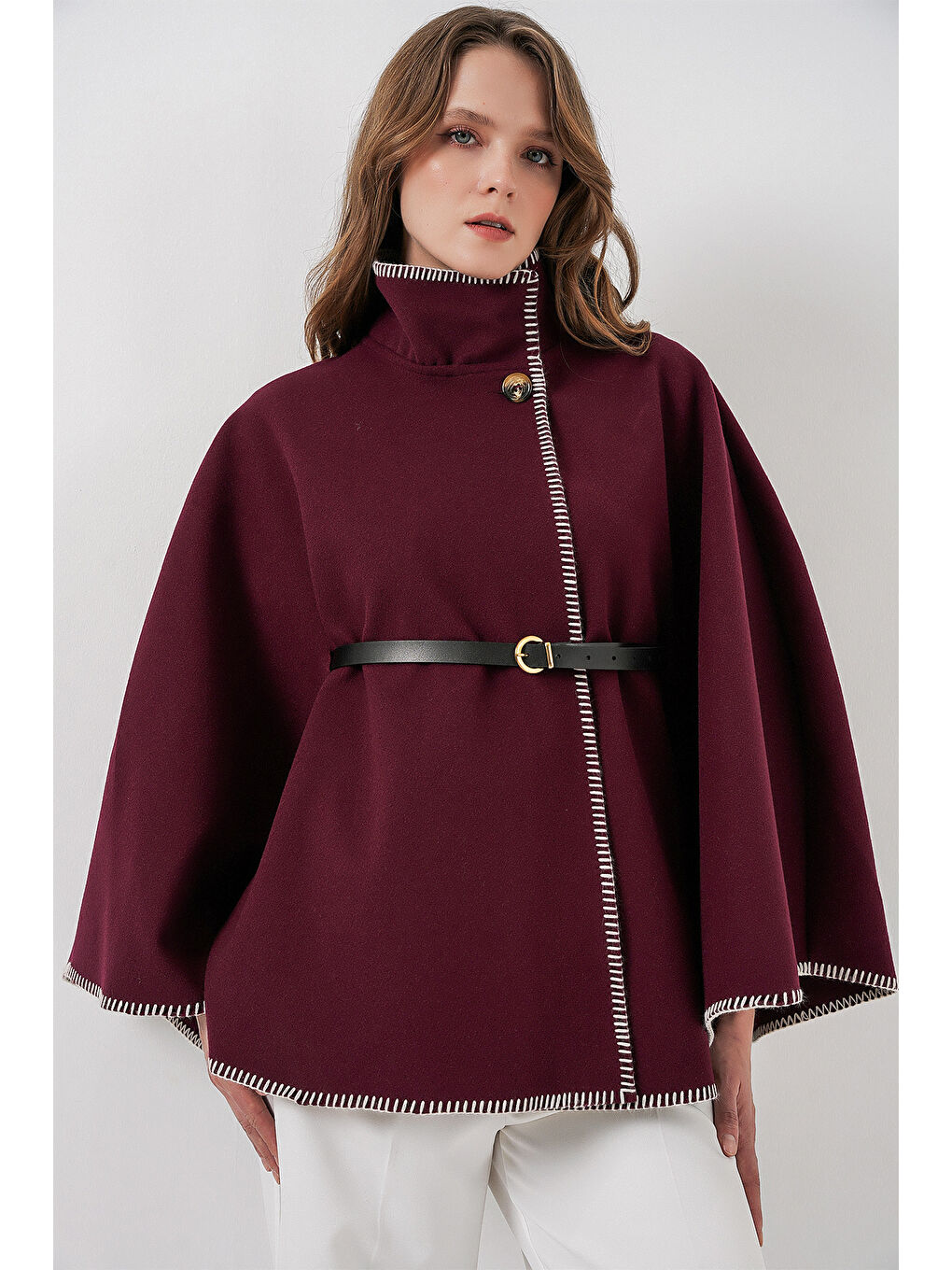 Kadın Dikiş Detaylı Kaşe Panço 9166 - Bordo-3