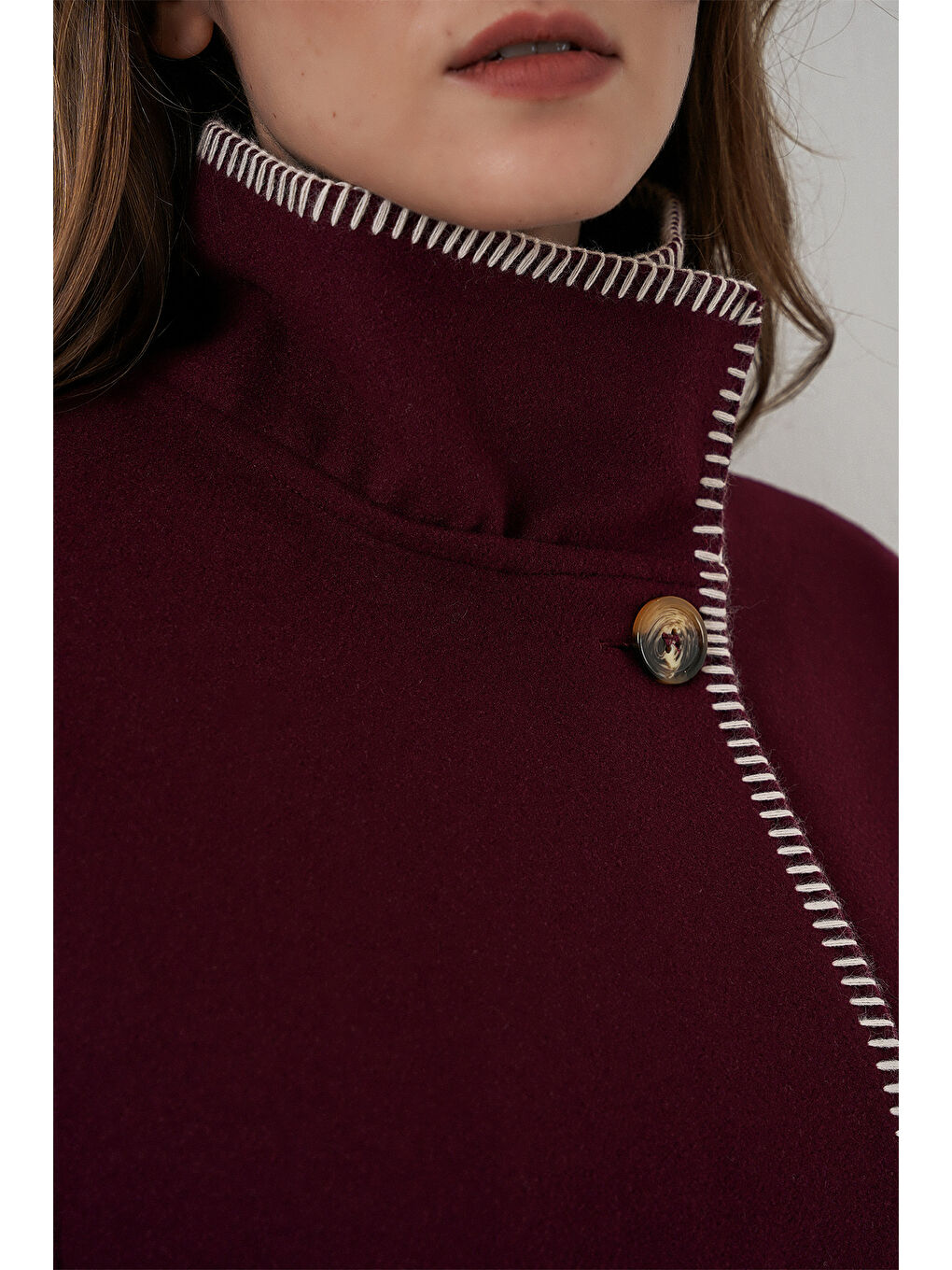 Kadın Dikiş Detaylı Kaşe Panço 9166 - Bordo-4