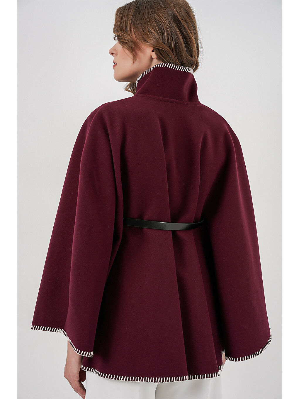 Kadın Dikiş Detaylı Kaşe Panço 9166 - Bordo-5