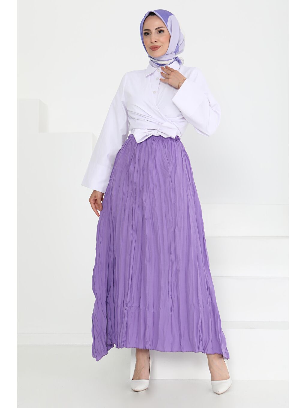 Beli Lastikli Kırışık Etek Lila - 27013