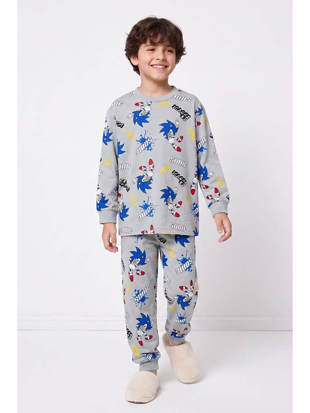 Erkek Çocuk Üzerinde Sonic Yazı Ve Karakter Baskılı Gri Pijama Takımı-2