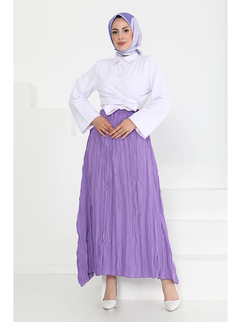 Beli Lastikli Kırışık Etek Lila - 27013-2