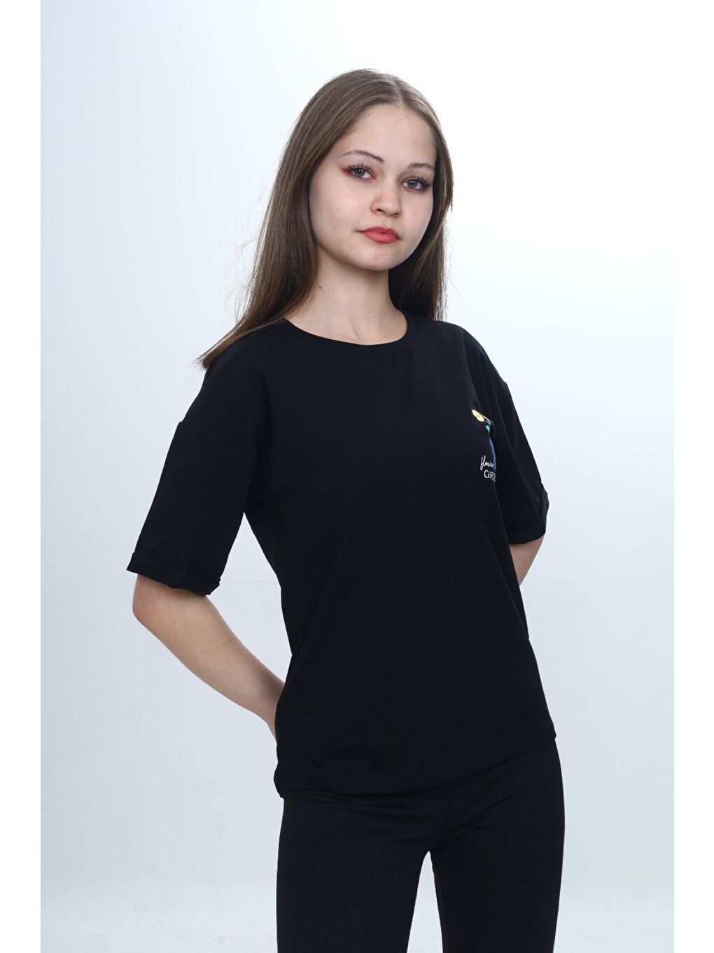 Siyah Kız Çocuk Baskılı Bisiklet Yaka Düşük Omuz Kısa Kollu Tişört 24974-1