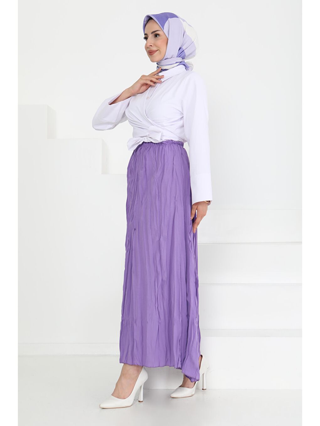 Beli Lastikli Kırışık Etek Lila - 27013-3
