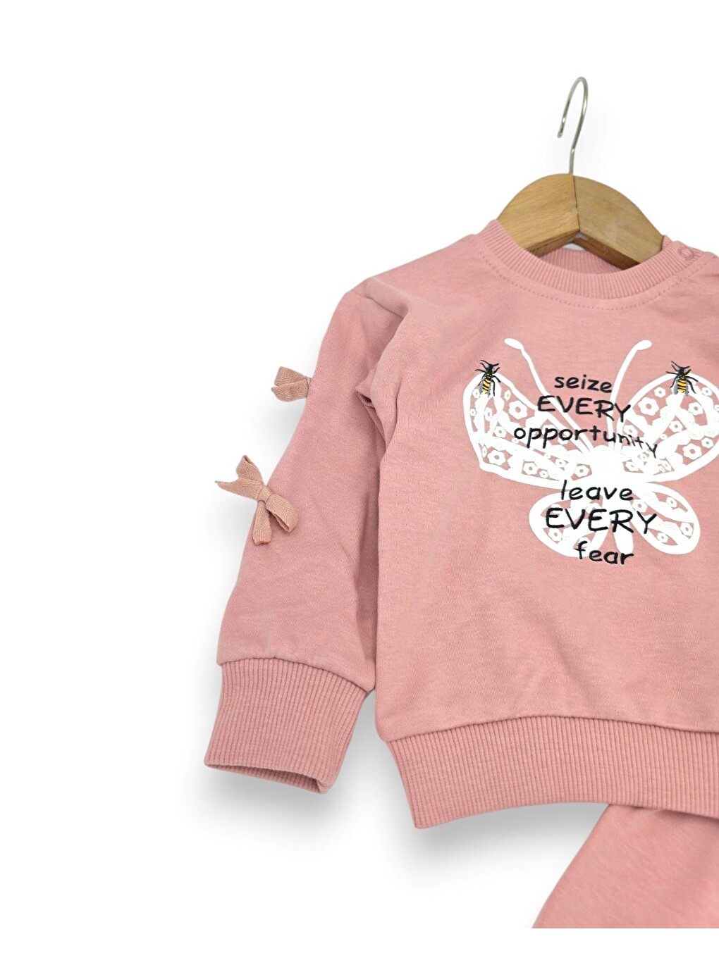 Pembe Kız Bebek Kelebek Basklı Kolları Fiyonklu Takım-1