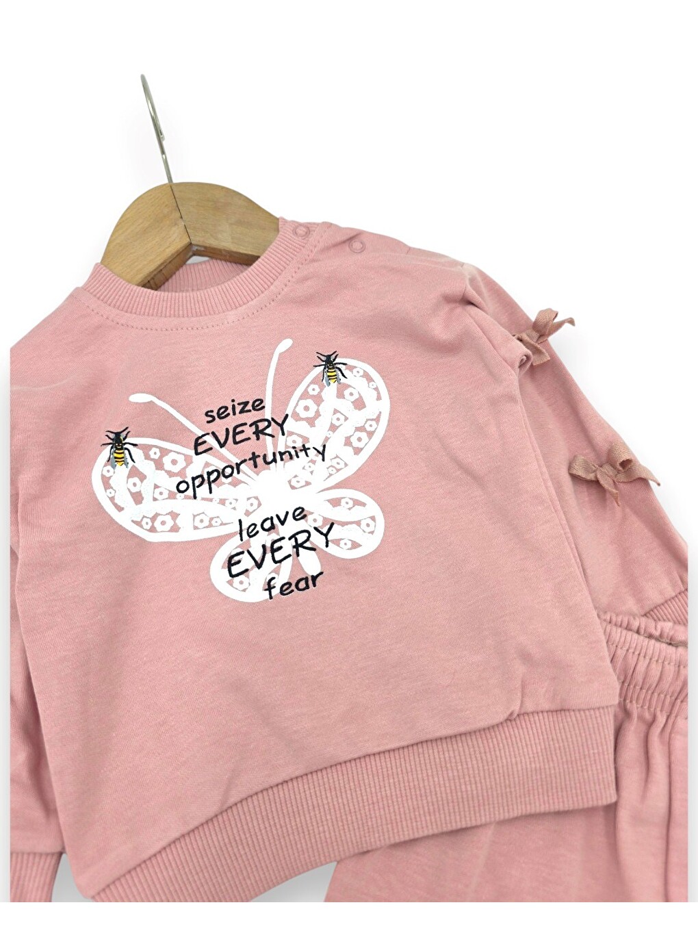 Pembe Kız Bebek Kelebek Basklı Kolları Fiyonklu Takım-2