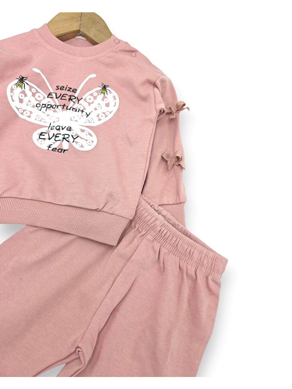Pembe Kız Bebek Kelebek Basklı Kolları Fiyonklu Takım-3