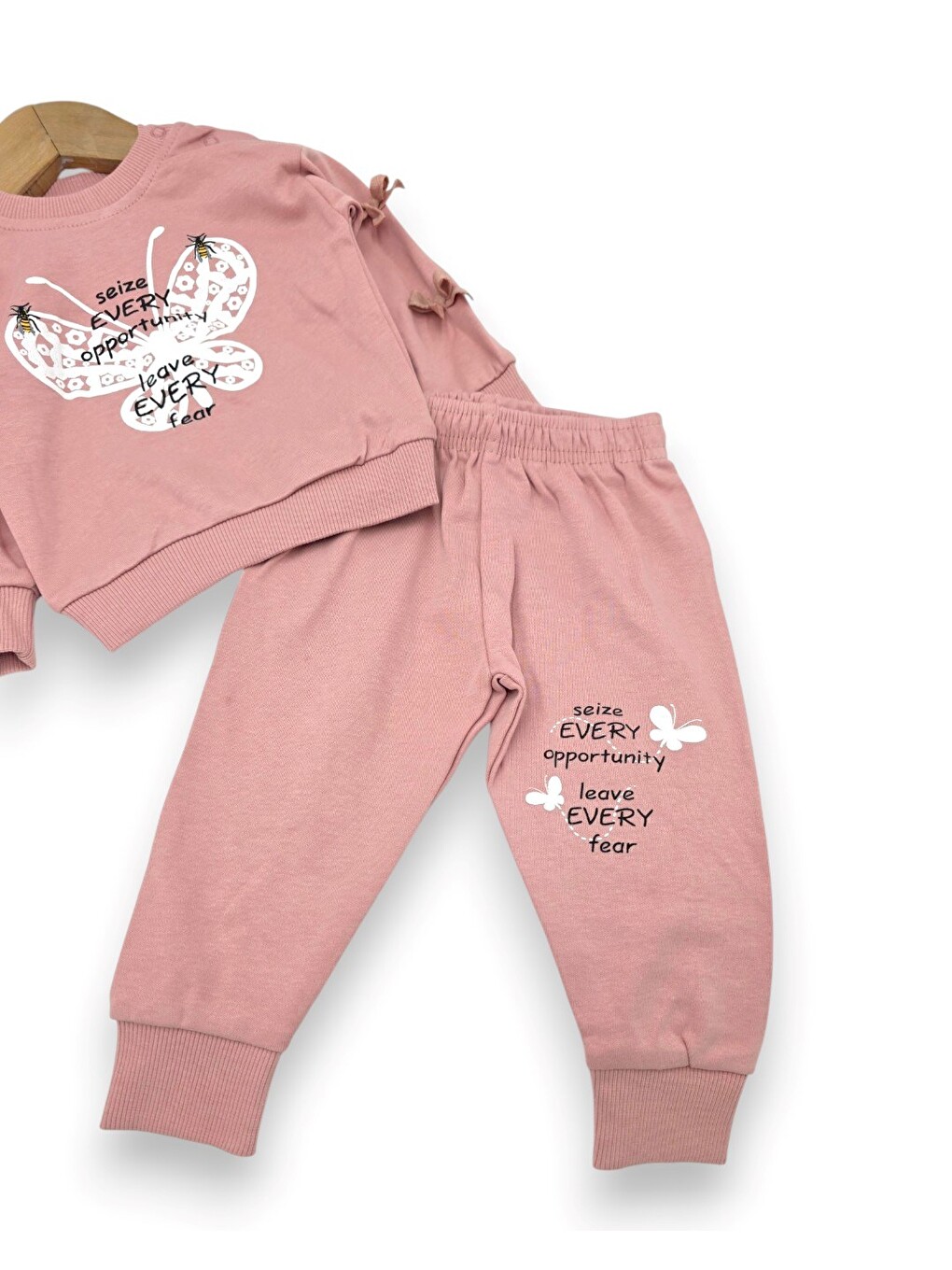 Pembe Kız Bebek Kelebek Basklı Kolları Fiyonklu Takım-4