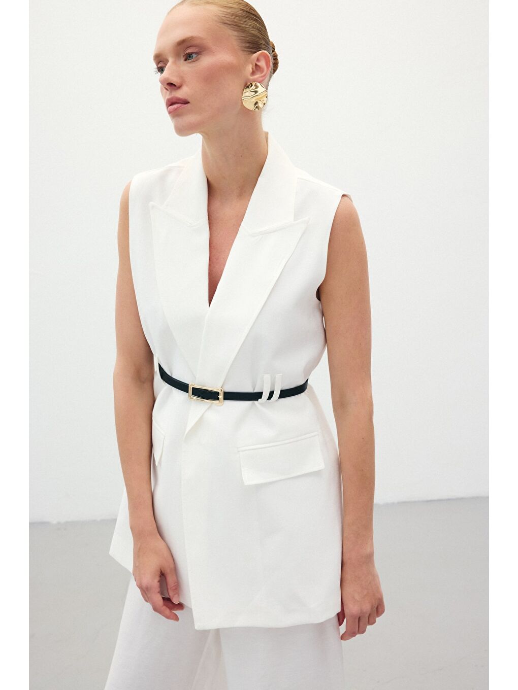 Kemerli Keten Yelek - Ekru-2